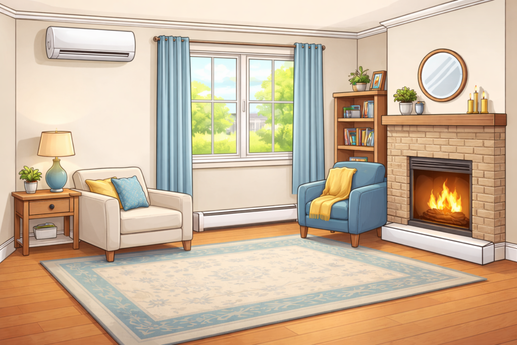 Hybrid system in livingroom. Ductless heat pump on wall, with baseboard heater under window.