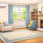 Hybrid system in livingroom. Ductless heat pump on wall, with baseboard heater under window.